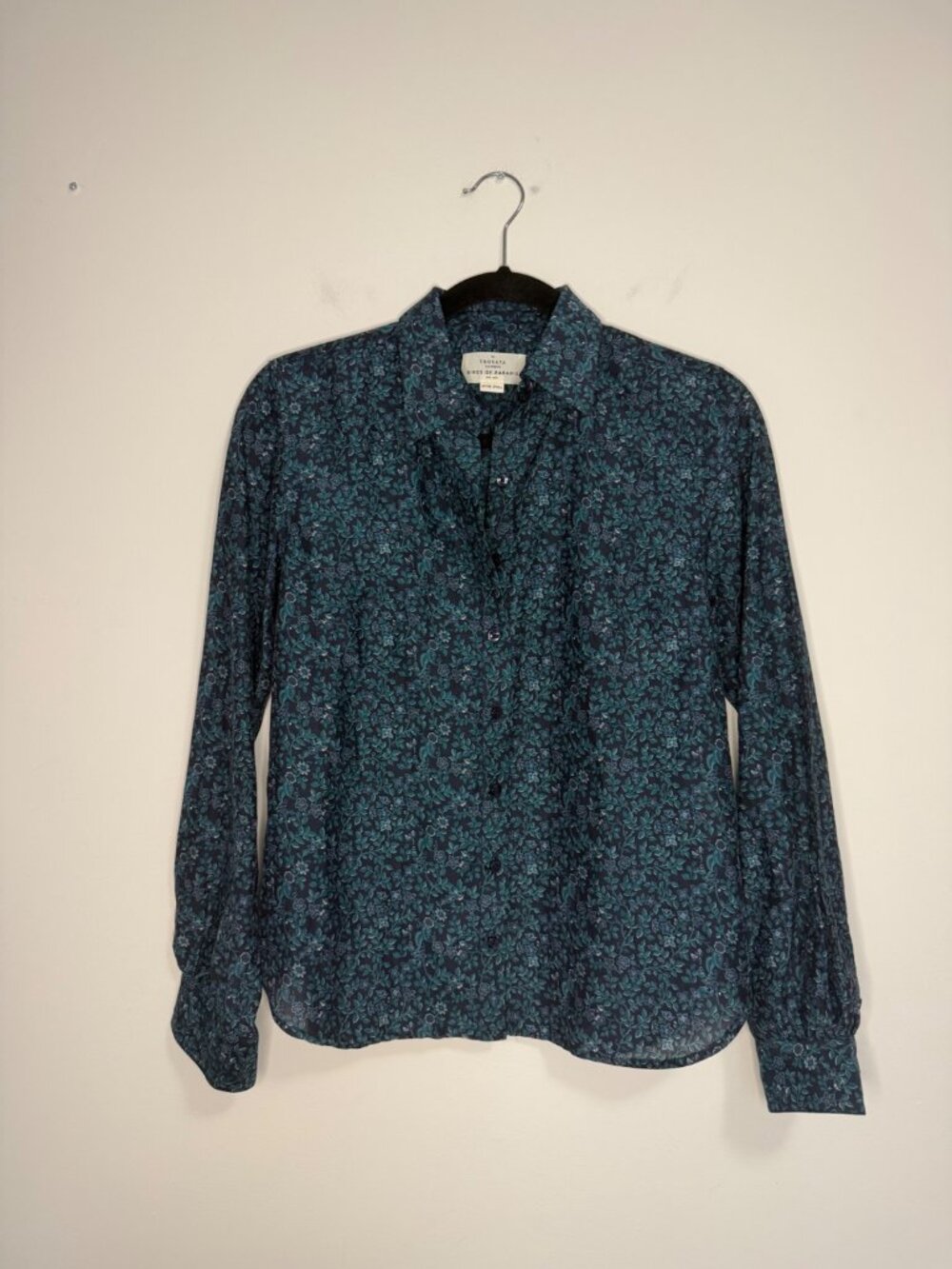 Trovata Birds of Paradis Floral Button Down Shirt Teal Navy XS Womens